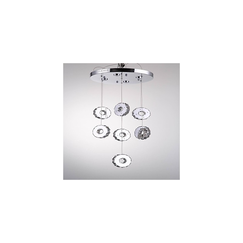 Lampadario moderno in cristallo e acciaio inox a 7 luci e 7 anelli