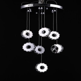 Lampadario moderno in cristallo e acciaio inox a 7 luci e 7 anelli