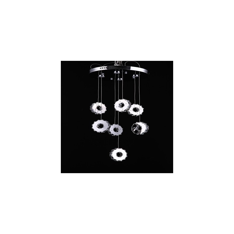 Lampadario moderno in cristallo e acciaio inox a 7 luci e 7 anelli