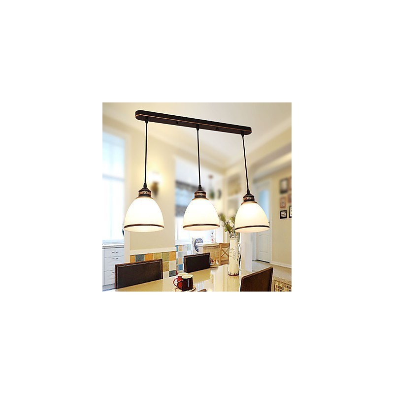 Lampadario a sospensione vintage in metallo e vetro bianco, 3 lampadine E26/E27