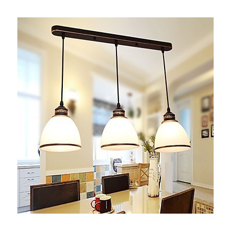 Lampadario a sospensione vintage in metallo e vetro bianco, 3 lampadine E26/E27