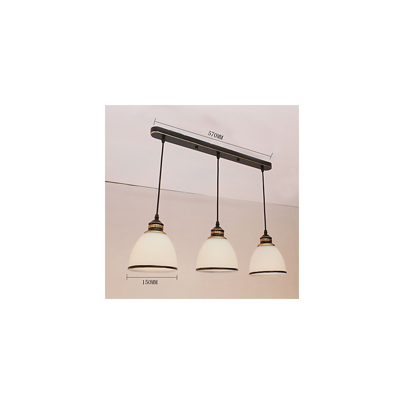 Lampadario a sospensione vintage in metallo e vetro bianco, 3 lampadine E26/E27