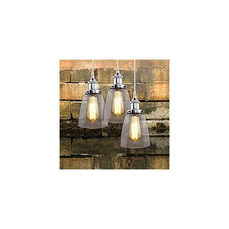 Lampada a sospensione industriale retrò Edison in vetro cromato, 3 luci E26/E27