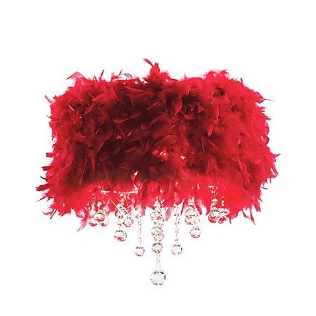 Lampadario a sospensione in cristallo con paralume di piume rosse e 3 luci