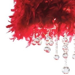 Lampadario a sospensione in cristallo con paralume di piume rosse e 3 luci