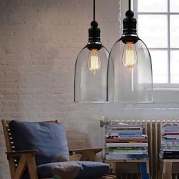 Lampada a sospensione vintage retrò country classica tradizionale in vetro trasparente nera, 3 luci