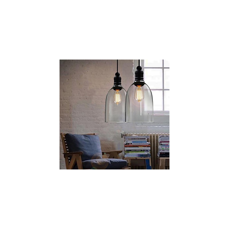 Lampada a sospensione vintage retrò country classica tradizionale in vetro trasparente nera, 3 luci