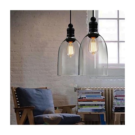 Lampada a sospensione vintage retrò country classica tradizionale in vetro trasparente nera, 3 luci