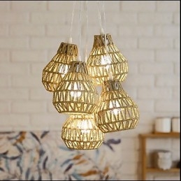 Lampadario a sospensione retrò creativo a 5 luci con corda in gabbia beige