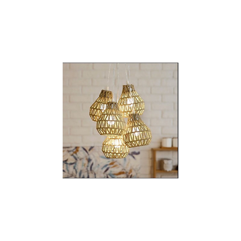 Lampadario a sospensione retrò creativo a 5 luci con corda in gabbia beige
