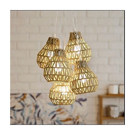 Lampadario a sospensione retrò creativo a 5 luci con corda in gabbia beige