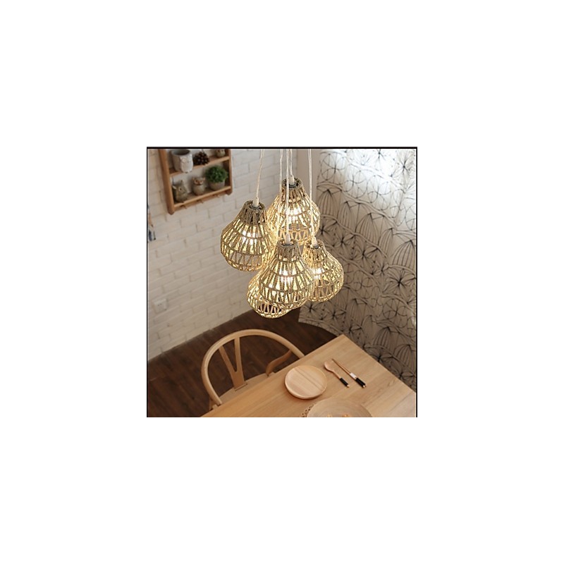 Lampadario a sospensione retrò creativo a 5 luci con corda in gabbia beige