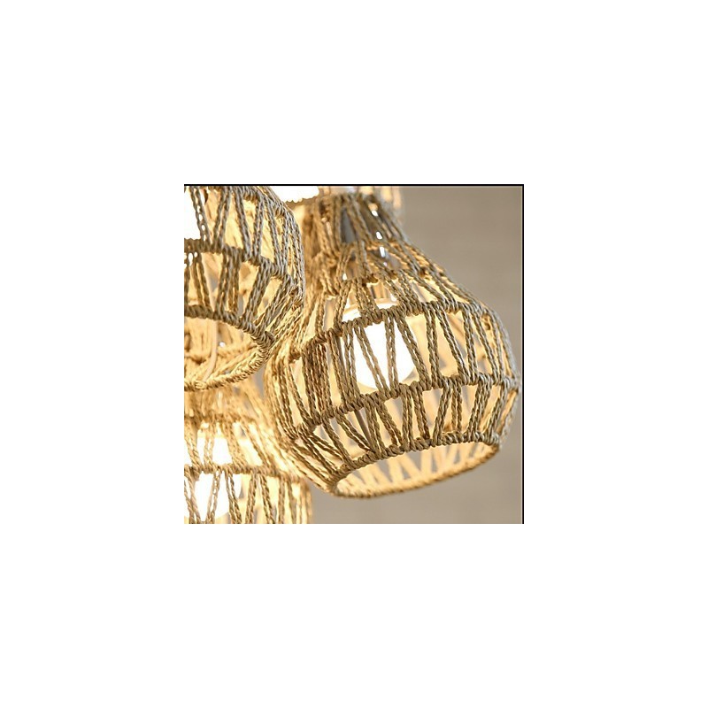 Lampadario a sospensione retrò creativo a 5 luci con corda in gabbia beige