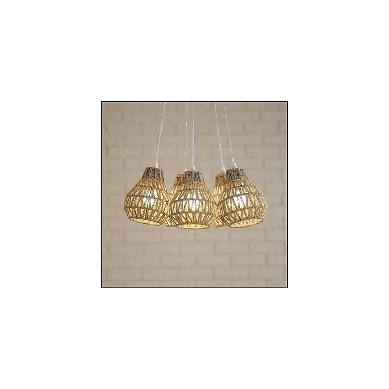 Lampadario a sospensione retrò creativo a 5 luci con corda in gabbia beige