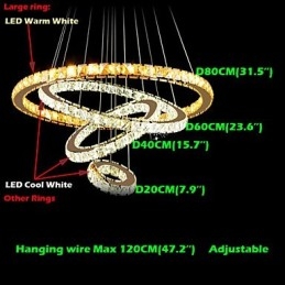 Lampadario a sospensione circolare in cristallo K9, 4 anelli, LED integrato