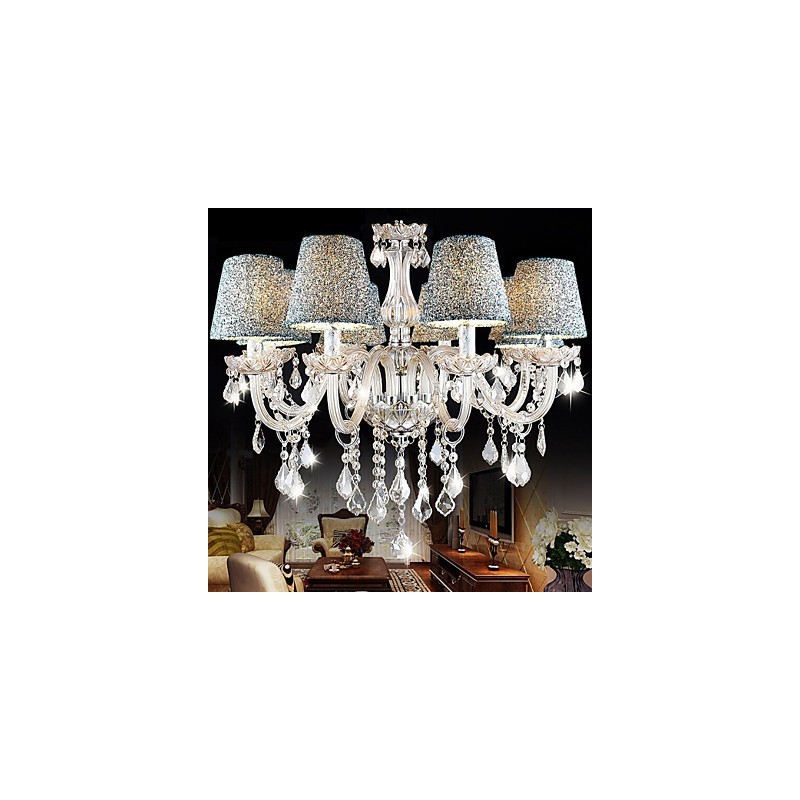 Lampadario a sospensione in cristallo trasparente K9 con paralume in tessuto bianco