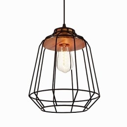 Lampada a sospensione in ferro verniciato con centro in legno, gabbia in ferro