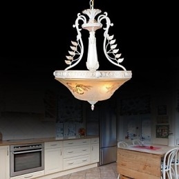 Lampadario a sospensione bianco a 3 luci con paralumi in vetro dorato, classico retrò europeo