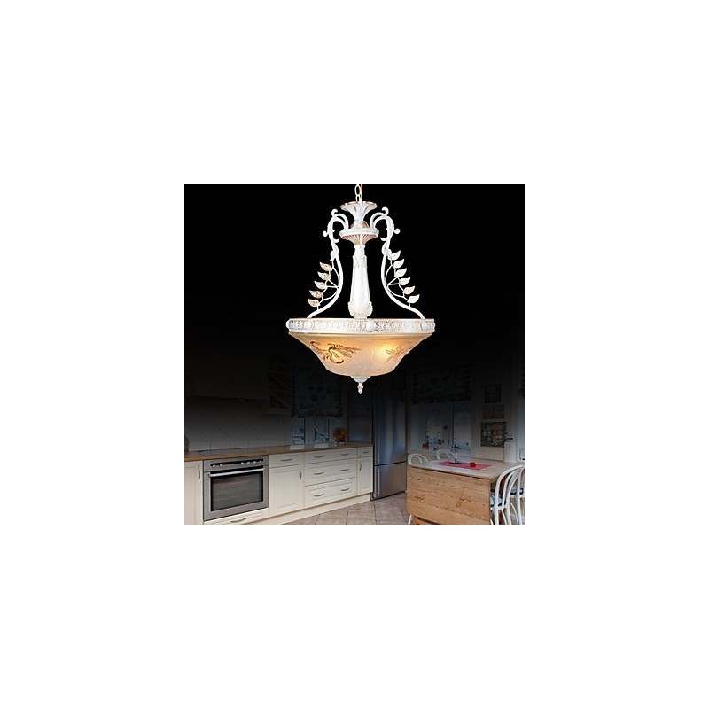 Lampadario a sospensione bianco a 3 luci con paralumi in vetro dorato, classico retrò europeo