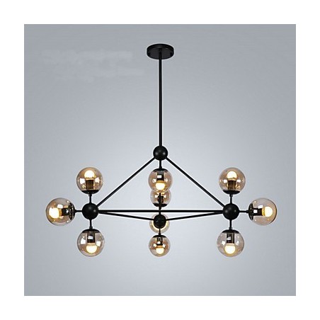 Lampada a sospensione in metallo stile country vintage, 10 luci E26/E27, nera e arancione, 105 cm