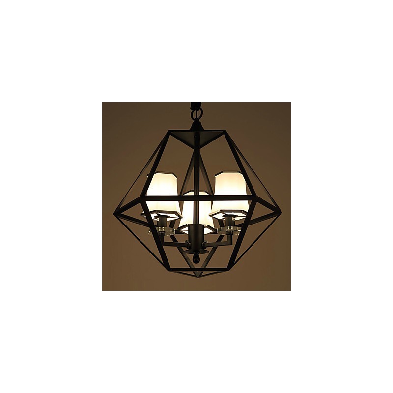 Lampada a sospensione country 3 luci in metallo nero e vetro bianco