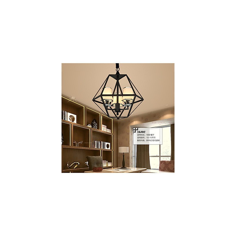 Lampada a sospensione country 3 luci in metallo nero e vetro bianco