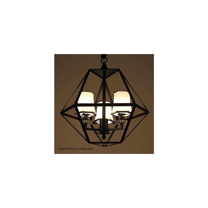 Lampada a sospensione country 3 luci in metallo nero e vetro bianco