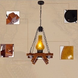 Lampada a sospensione mini country retrò in legno/bambù e vetro giallo, E26/E27