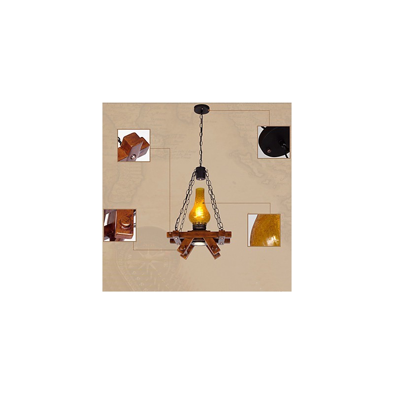 Lampada a sospensione mini country retrò in legno/bambù e vetro giallo, E26/E27