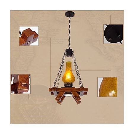Lampada a sospensione mini country retrò in legno/bambù e vetro giallo, E26/E27
