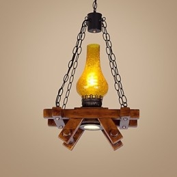 Lampada a sospensione mini country retrò in legno/bambù e vetro giallo, E26/E27