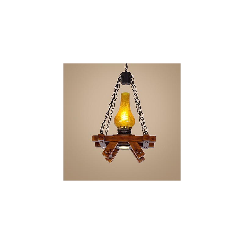 Lampada a sospensione mini country retrò in legno/bambù e vetro giallo, E26/E27
