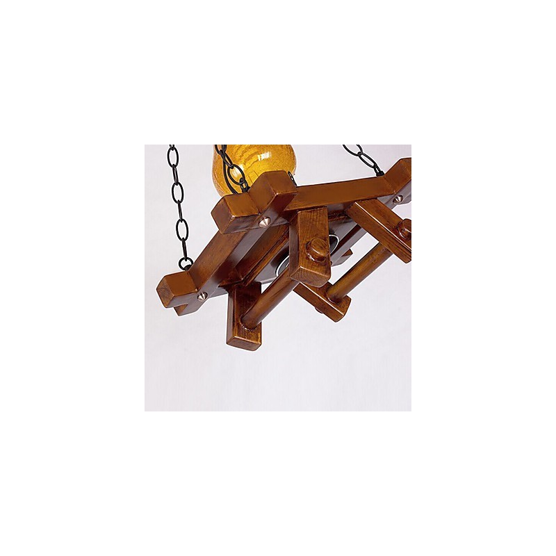 Lampada a sospensione mini country retrò in legno/bambù e vetro giallo, E26/E27