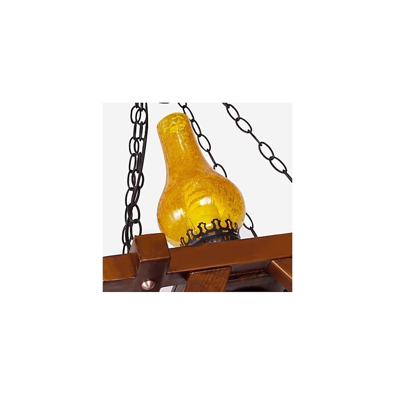 Lampada a sospensione mini country retrò in legno/bambù e vetro giallo, E26/E27