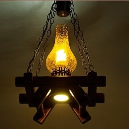 Lampada a sospensione mini country retrò in legno/bambù e vetro giallo, E26/E27