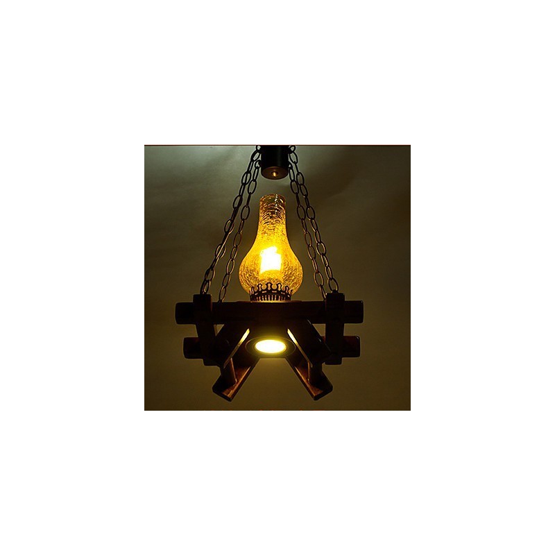 Lampada a sospensione mini country retrò in legno/bambù e vetro giallo, E26/E27