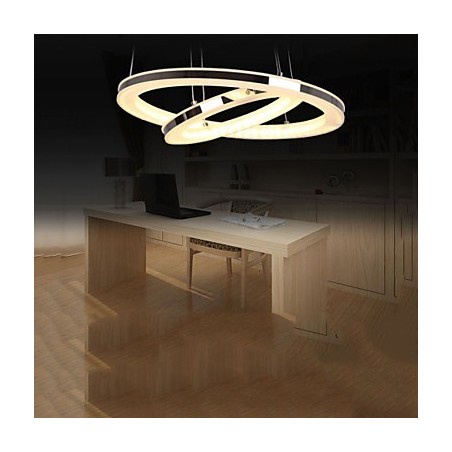 Lampadario a sospensione circolare in acrilico con 2 anelli LED argento e beige