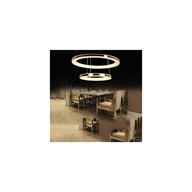 Lampadario a sospensione circolare in acrilico con 2 anelli LED argento e beige