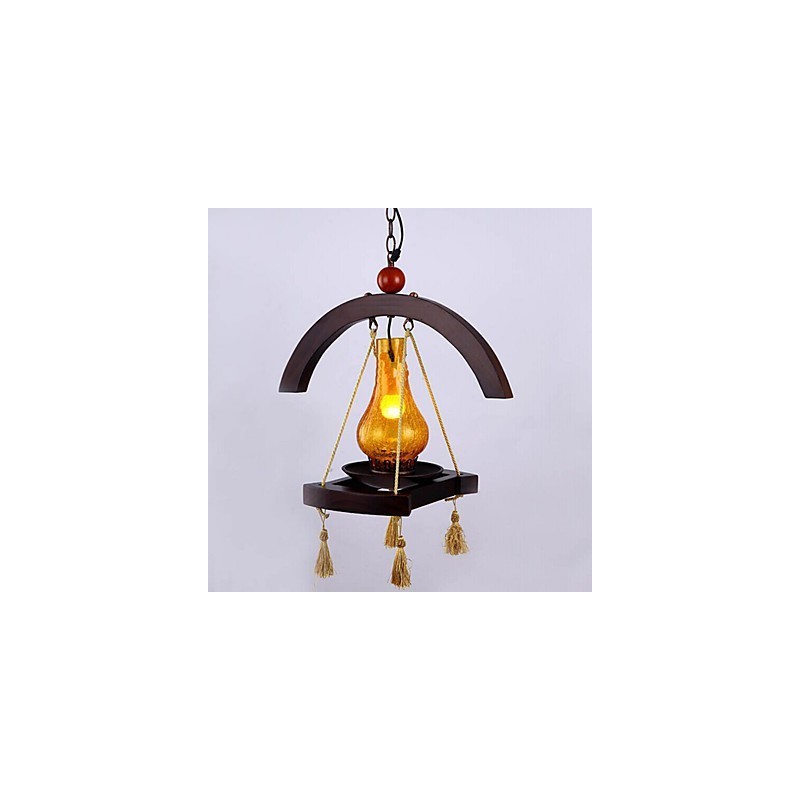 Lampada a sospensione in legno massello con paralume in vetro Americange