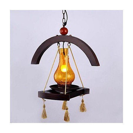 Lampada a sospensione in legno massello con paralume in vetro Americange
