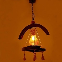 Lampada a sospensione in legno massello con paralume in vetro Americange