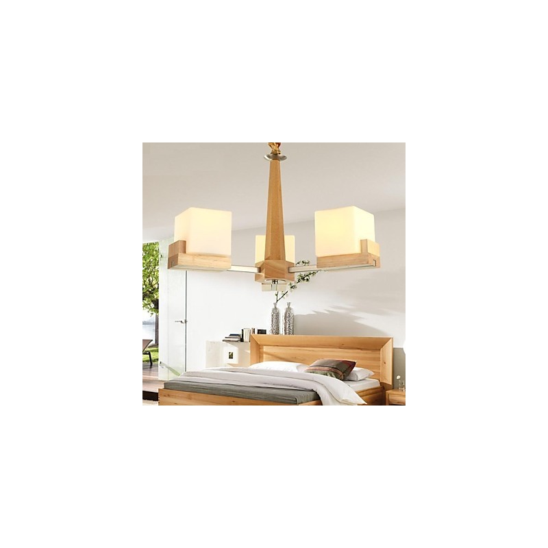Lampada a sospensione in rovere a 3 luci in legno e vetro