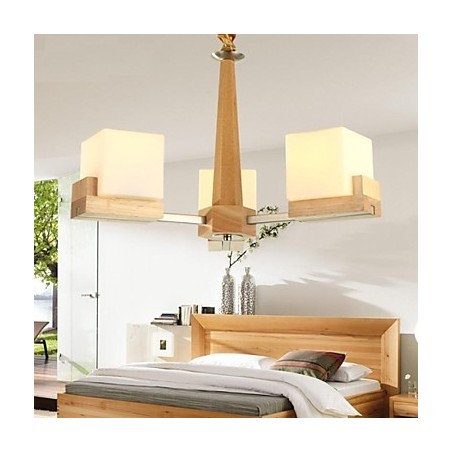 Lampada a sospensione in rovere a 3 luci in legno e vetro