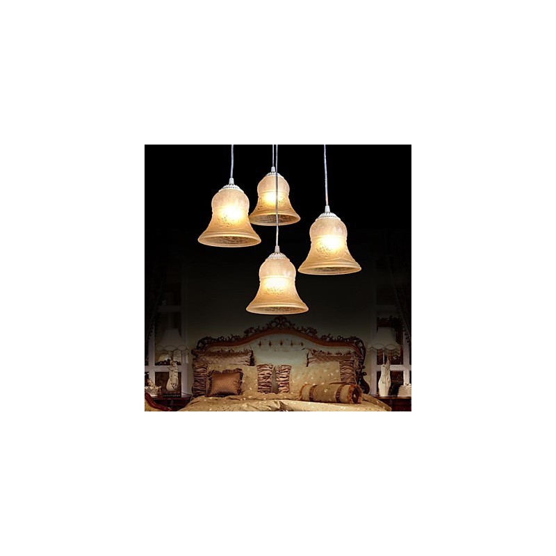 Lampadario a sospensione bianco a 4 luci con paralume in vetro e decorazioni dorate, stile retrò classico europeo