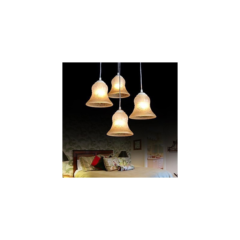 Lampadario a sospensione bianco a 4 luci con paralume in vetro e decorazioni dorate, stile retrò classico europeo