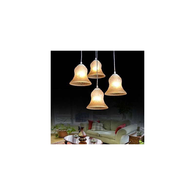 Lampadario a sospensione bianco a 4 luci con paralume in vetro e decorazioni dorate, stile retrò classico europeo