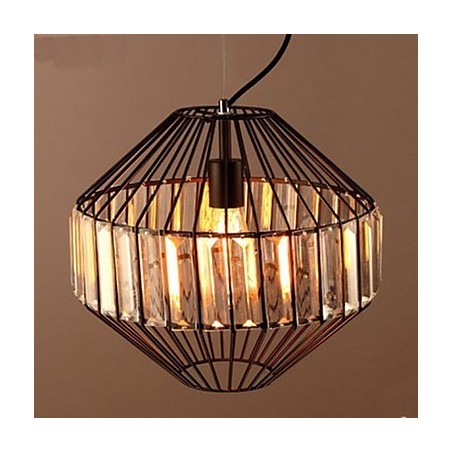 Lampadario a sospensione in cristallo a gabbia in ferro battuto vintage marrone