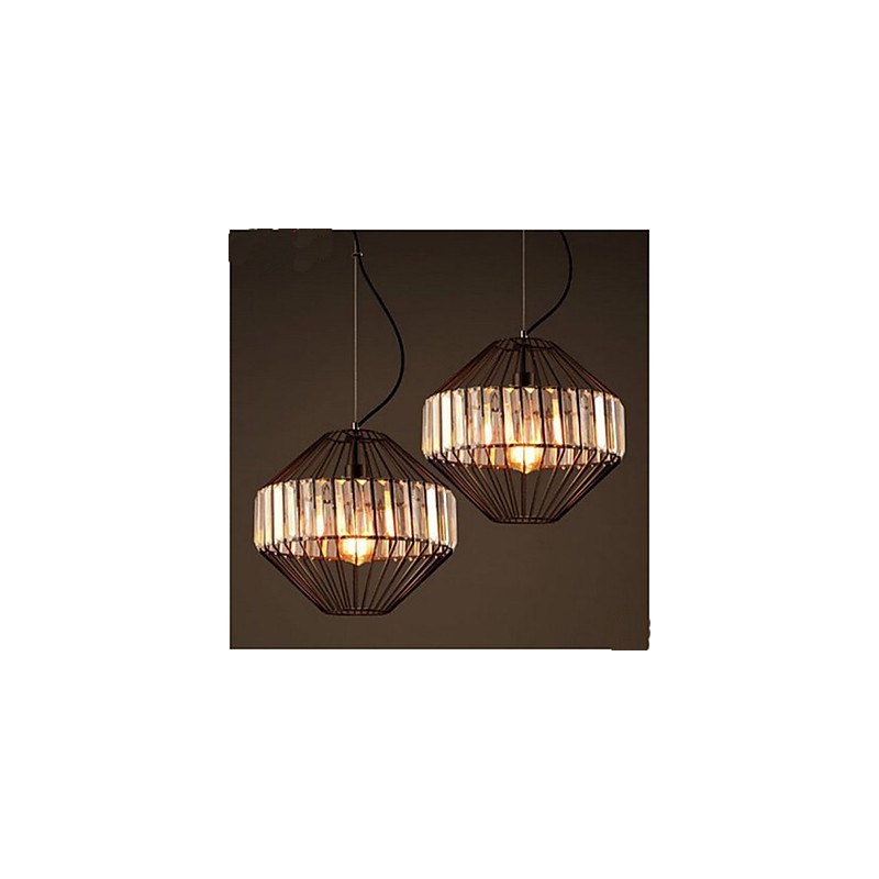 Lampadario a sospensione in cristallo a gabbia in ferro battuto vintage marrone
