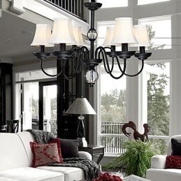 Lampadario moderno contemporaneo in metallo nero con paralume in tessuto bianco