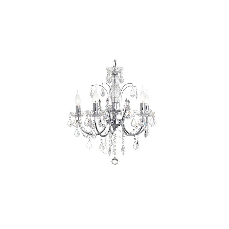 Lampadario classico in metallo cromato con cristalli trasparenti